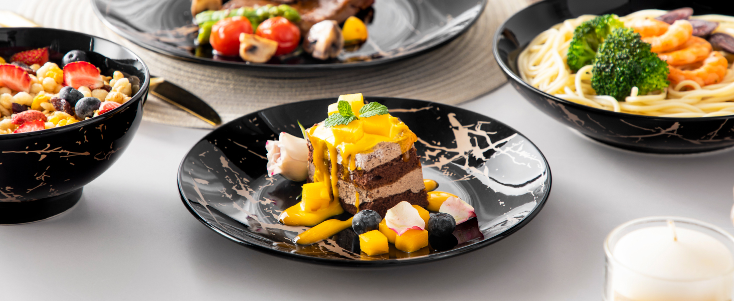 Набір посуду Lovelcasa Sweet Daphne 32-елементний, порцеляновий сервіз з золотим декором для 8 осіб (чорний)