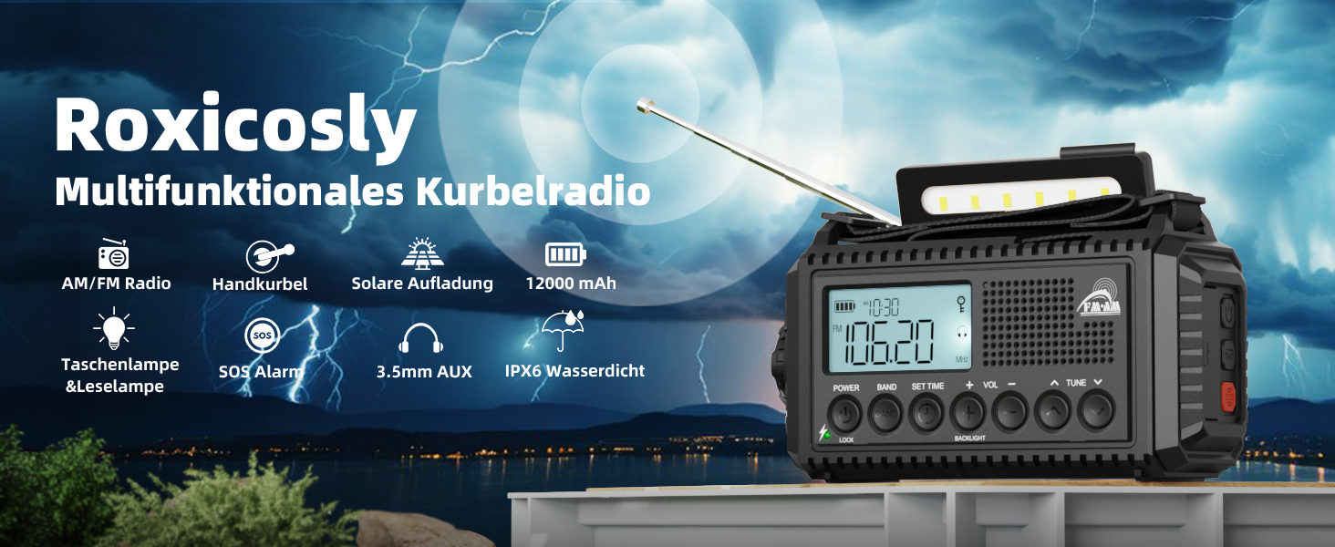 Радіо Roxicosly з ручним приводом, 12000mAh Power Bank, AM/FM/SW, радіо для надзвичайних ситуацій, ліхтар, зарядний пристрій, для відпочинку на природі, кемпінгу, туризму, чорний