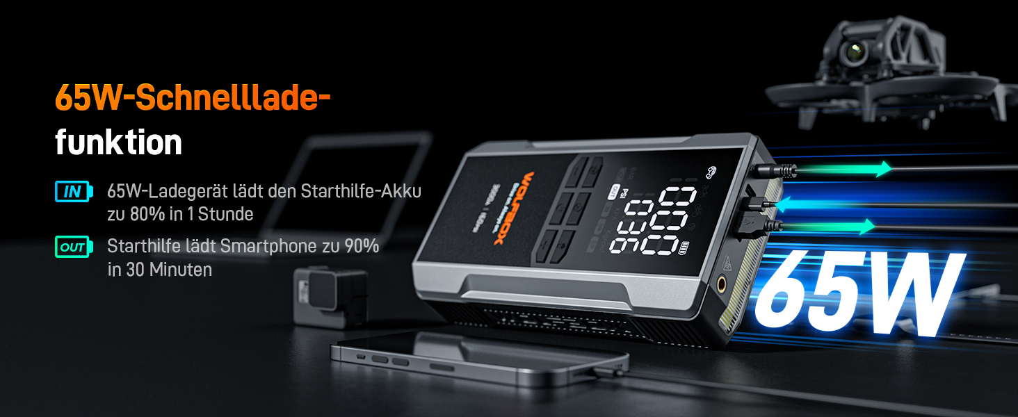 WOLFBOX 4000A Пускозарядний пристрій з компресором 160PSI, 12V, 65W, 88.8Wh, для бензинових/дизельних двигунів 10L, LED-ліхтар, кабелі, 4000A