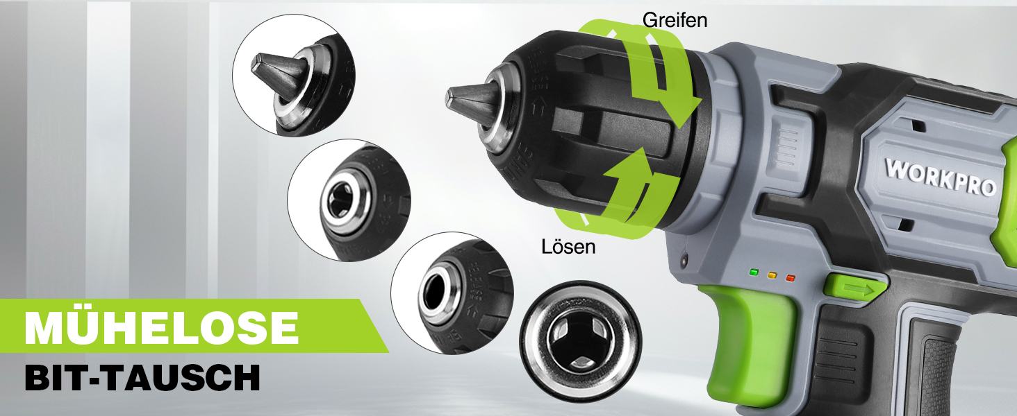 WORKPRO 8V Акумуляторний дриль-шуруповерт, комплект з кейсом, 2000 mAh, 10 мм патрон, 12 Н·м, LED, 21 шт. аксесуарів, для ремонту та DIY, сірий & зелений