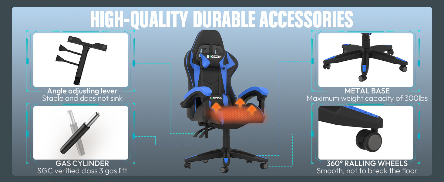 Ігрове крісло Bigzzia Gaming Stuhl з підігрівом, регульована спинка 90-135°, ергономічний геймерський стілець (Синій)