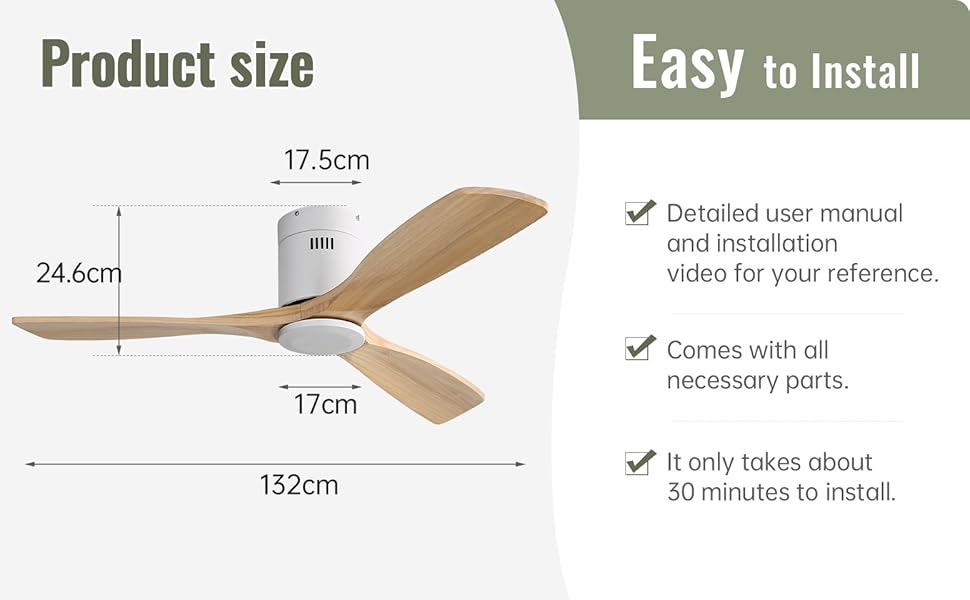 Стеляний вентилятор Sofucor з дистанційним керуванням, дерев'яний, 132 см, 6 швидкостей, DC мотор, тихий, з таймером, для спальні (без світла, монтаж врізний, натуральне дерево)
