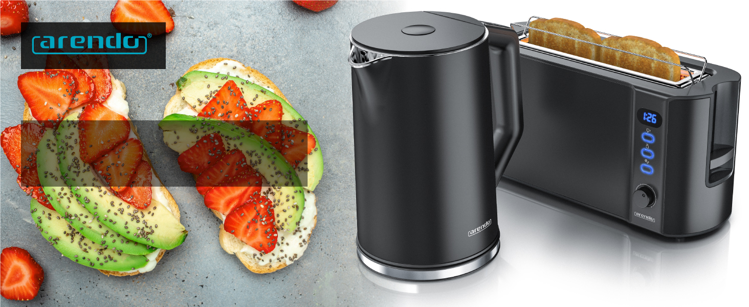 Набір чайник та тостер Arendo з нержавіючої сталі, чорний. Чайник 1.5л, регулювання температури 40-100°C, тостер на 2 тости з LED-дисплеєм, 6 ступенів підсмажування, підставка для булочок.