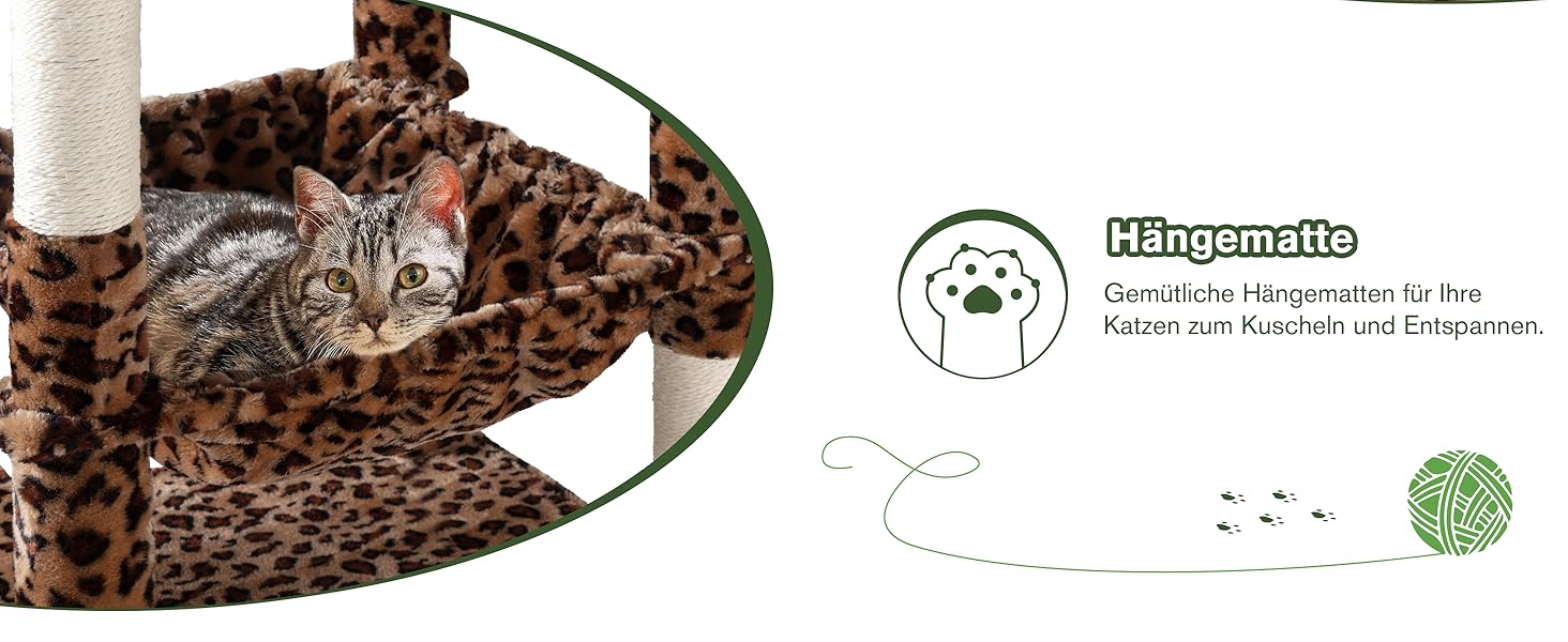 Котячий будиночок MUTICOR з когтеточкою, 206 см, багатоярусний, для великих котів, з гамаком, плюшевими платформами, широкою основою (леопардовий принт)