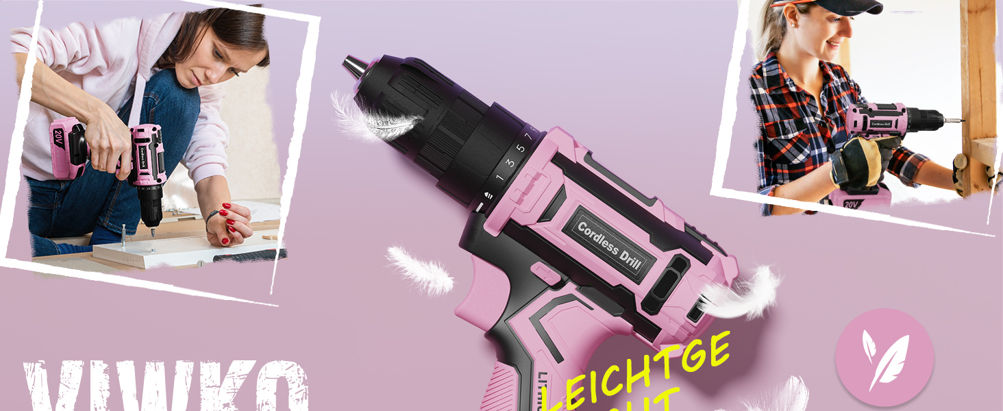 Акумуляторний шуруповерт 20V з набором аксесуарів 85 шт. (85tlg), 42Н.м, 2000mAh, 25+1 момент, 10мм патрон, легкий, LED, рожевий (для подарунка на День святого Валентина)