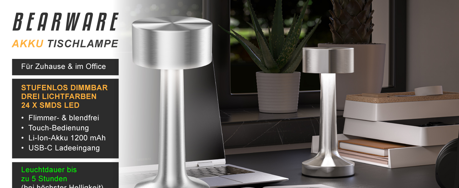 LED настільна лампа CSL бездротова, диммувана – 3 кольори світла, акумулятор, сенсорне управління, USB-C, вінтажний стиль, нержавіюча сталь, для дому та вулиці