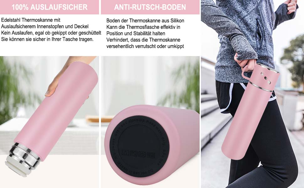 Термокружка-термос з нержавіючої сталі 550 мл, без витоку, з чашкою та ручкою, вакуумна термоізоляція 12 год гаряча / 12 год холодна, неслизька, для кави, спорту, роботи, школи, автомобіля (Рожева)