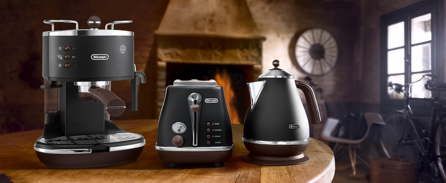 Еспресо-машина De'Longhi Icona Vintage ECOV 311.BG – чорна, з ручним капучинатором, для кави та ESE Pads, 1.4 л