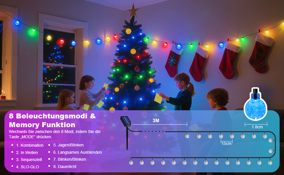 Сонячна гірлянда для вулиці, 60 LED, 13.2м, 8 режимів, IP65, тепле світло. Декорація для балкона, тераси, саду, ялинки.