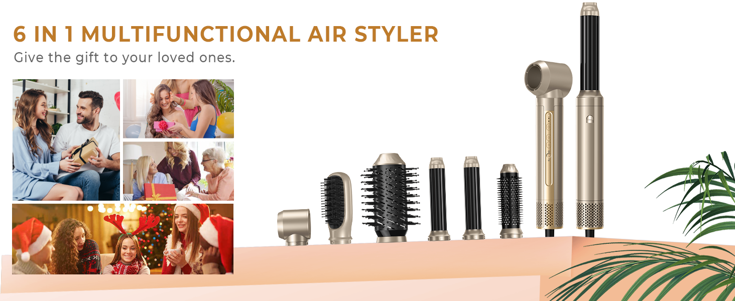 Набір для укладки волосся 6 в 1: стайлер, фен-щітка, плойка, термощітка, випрямляч, 110000 об/хв, для всіх типів волосся, золото