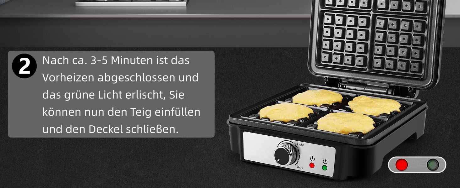 YASHE Belgian Waffle Maker - 4 Square Waffle Plates, 1200W, Non-Stick Coating, Adjustable Browning Control, Overflow Prevention, Silver/Black