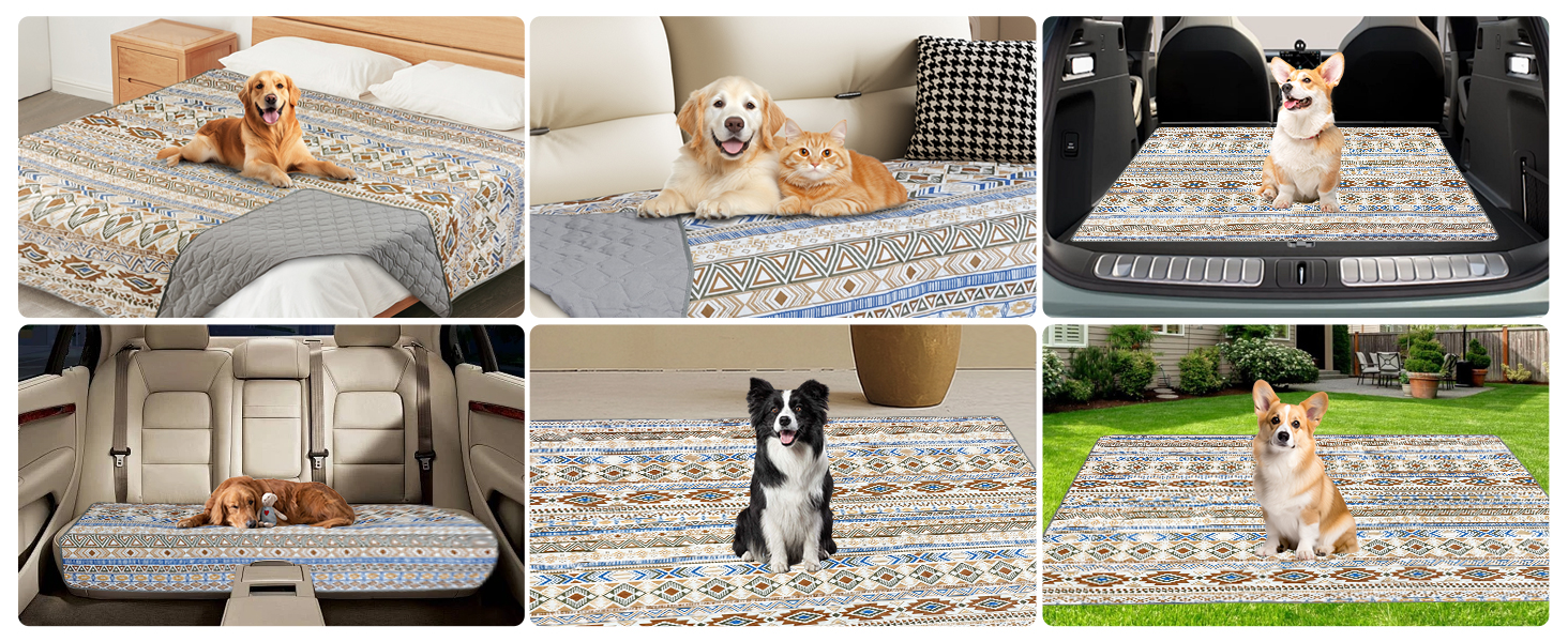 Двостороння водонепроникна ковдра для собак, чохол на ліжко для собак у стилі бохо, ковдра для домашніх тварин, захист дивану/крісла для цуценят, котів, дітей, пральна машина, зворотна сторона (Бежевий медальйон, 178 x 76 см)