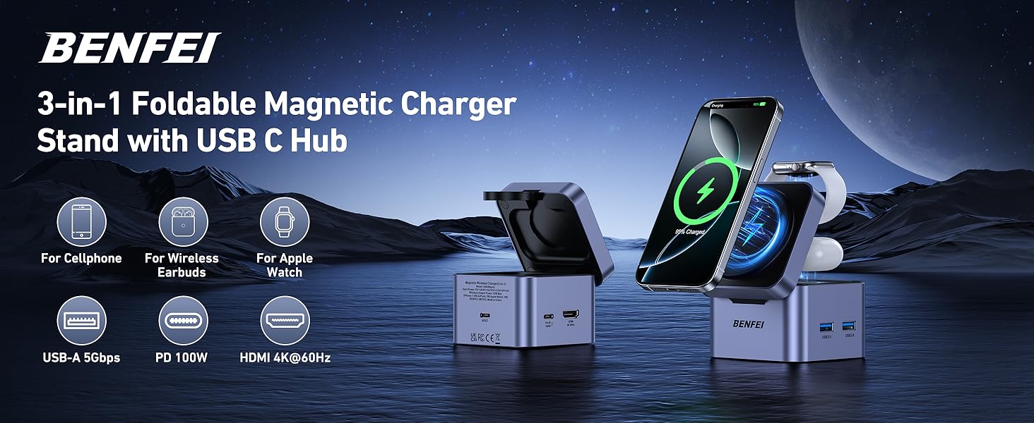 BENFEI 3-в-1 Станція зарядки MagSafe з USB-C хабом – для iPhone 16/15/14/13/12, Apple Watch та AirPods. HDMI (4K@60Hz), 100W PD, 2x USB 3.0 (5Gbps)