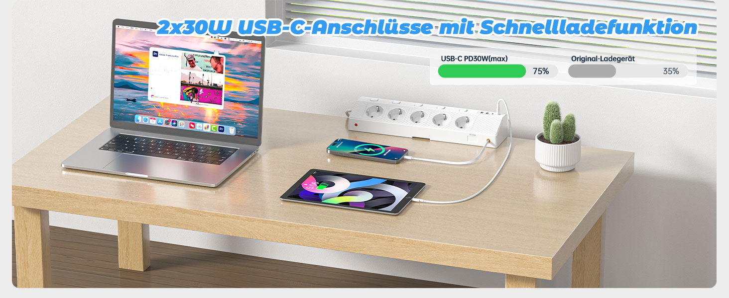 Мережевий адаптер PASSUS 5-fach з 2 USB-C (PD 30W), захист від перенапруги, індивідуальне вмикання, 10-в-1, кабель 2м, чорний