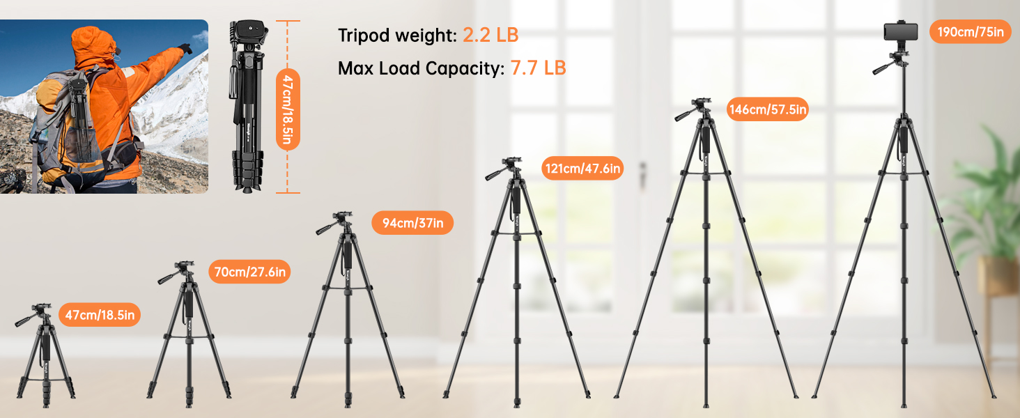 Штатив для камери та смартфона Nineigh, 190 см, з пусковим гачком, легкий алюмінієвий, з трьохсторонньою головкою, для iPhone/Samsung/Huawei/DSLR