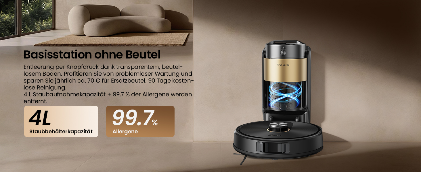 Робот-пилосос Proscenic Q20Plus з функцією миття, 10000Pa, 200хв, бездротовий, з автоматичним випорожненням, 3-в-1 для шерсті тварин, килимів та твердих поверхонь, чорний