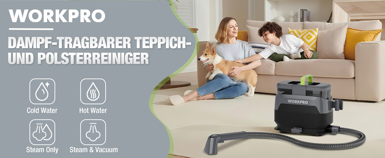 WORKPRO Мийний пилосос для килимів та м'яких меблів, 16 kPa, 4 режими очищення, насадки для килимів, диванів, матраців, вікон, видалення тваринських плям