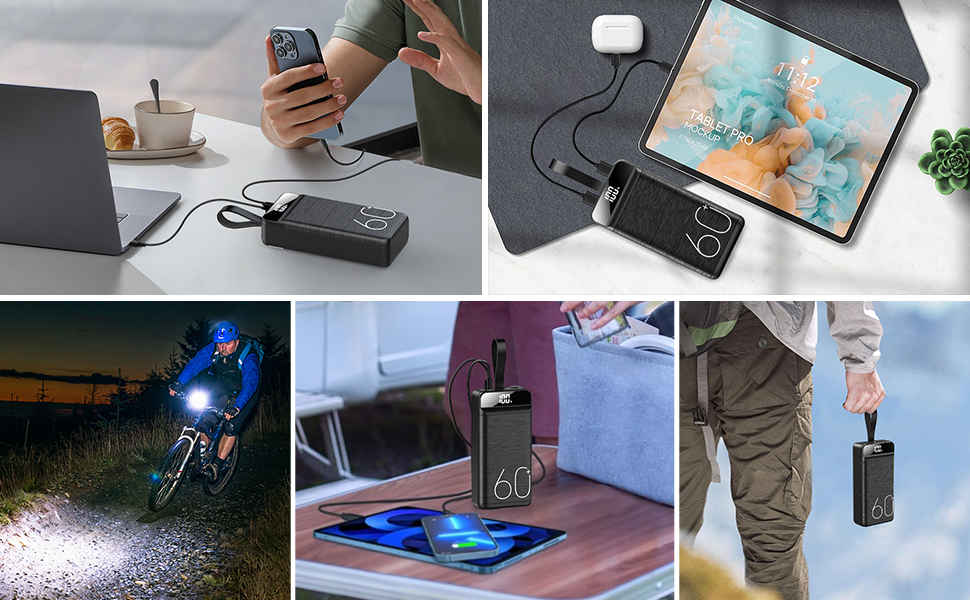 Power Bank 60000mAh 22,5W з LED-дисплеєм: Швидка зарядка USB-C, 4 виходи, 3 входи для більшості пристроїв