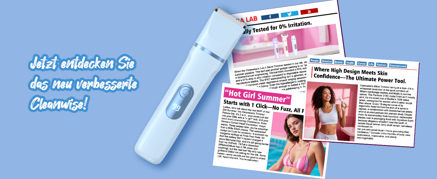 Електричний жіночий триммер 3-в-1 для тіла та інтимної зони з LED-дисплеєм, IPX7, USB, (Блакитний)