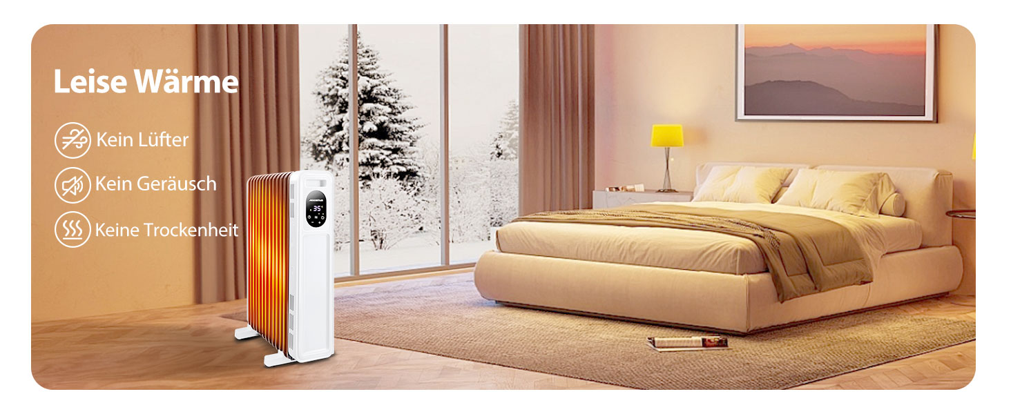 Електричний масляний радіатор Aigostar Snug 2500W з пультом керування, 13 ребер, термостат, 3 режими, ECO, таймер 24г, LED, захист від перекидання та перегріву