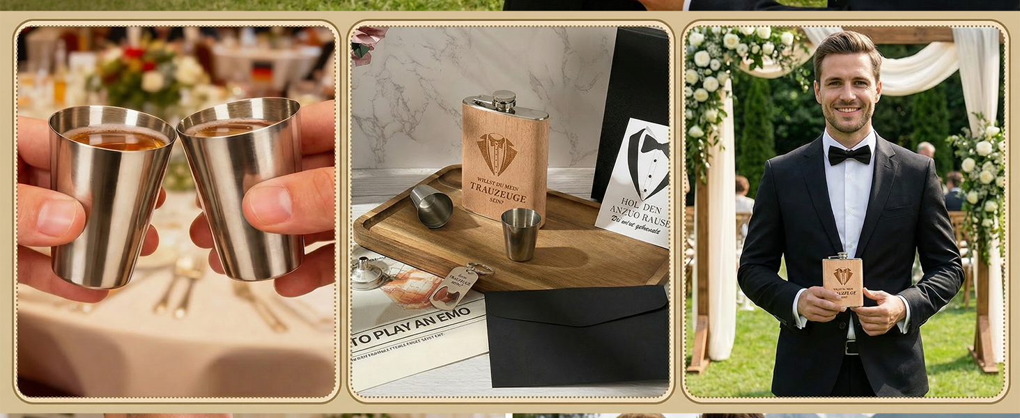 Персоналізований набір фляг 8oz з гравіюванням – фляга з нержавіючої сталі, 4 склянки, воронка & подарункова коробка для дружків, подарунок на весілля для чоловіків та жінок (колір дерева)
