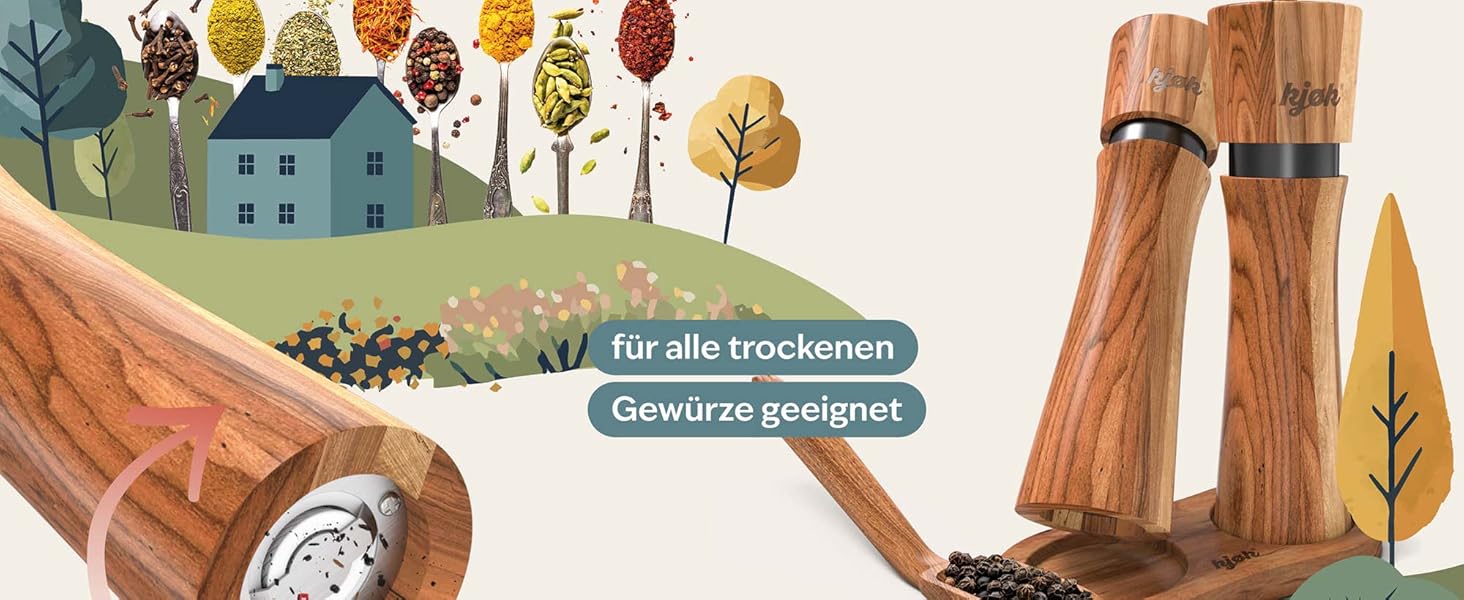 Преміум набір млинків для солі та перцю kjøk з масиву акації, керамічний механізм, підставка, щіточка для чищення і ложка для наповнення – дерев'яний млинок для спецій, подарунок для чоловіка