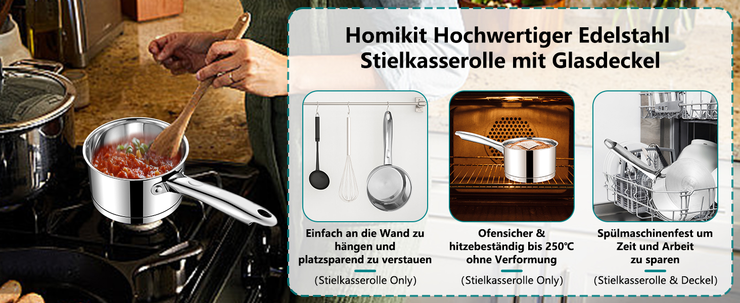 Каструля Homikit 18 см, 2.8 л, нержавіюча сталь з кришкою, для плити (індукція)