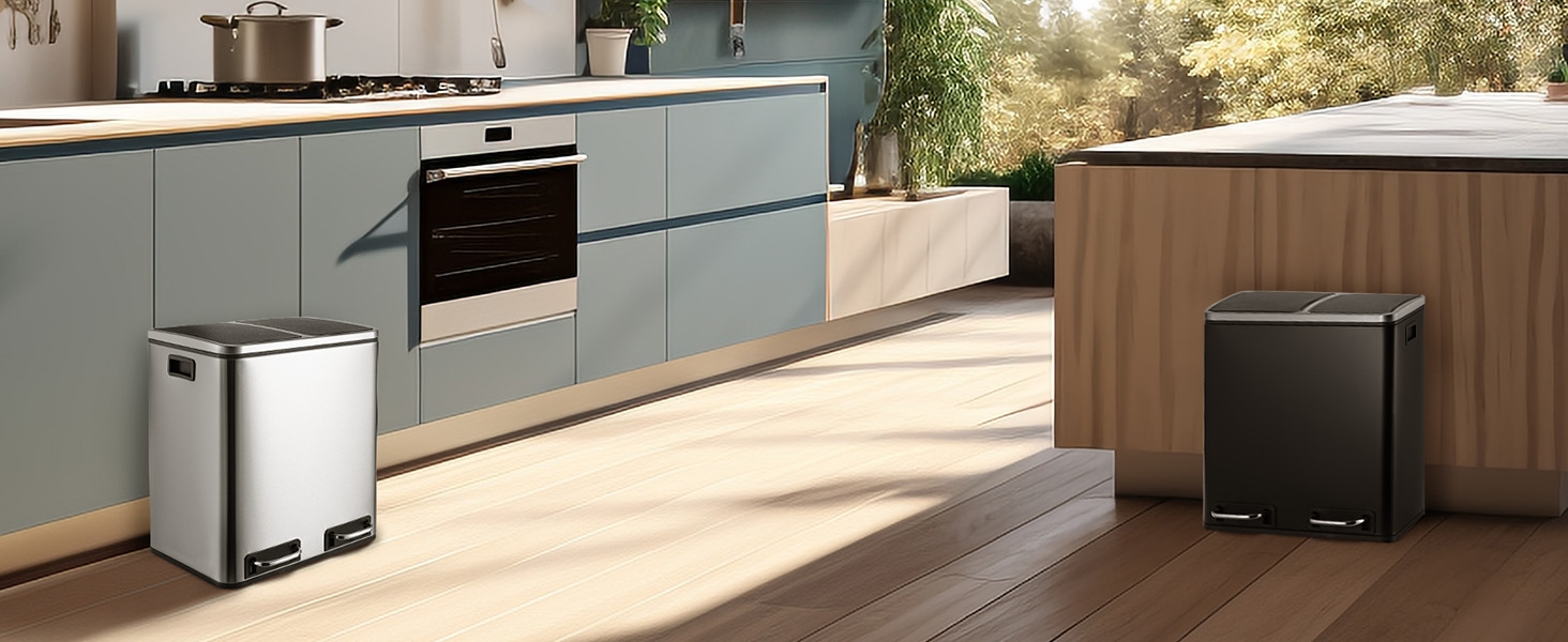 Відро для сміття LIFERUN з двома відсіками, 2 x 15 літрів, з нержавіючої сталі, м'яке закриття кришки, знімний внутрішній відро, ручки, відро для сміття з педаллю, для квартири, маленької сім'ї, сріблястого кольору