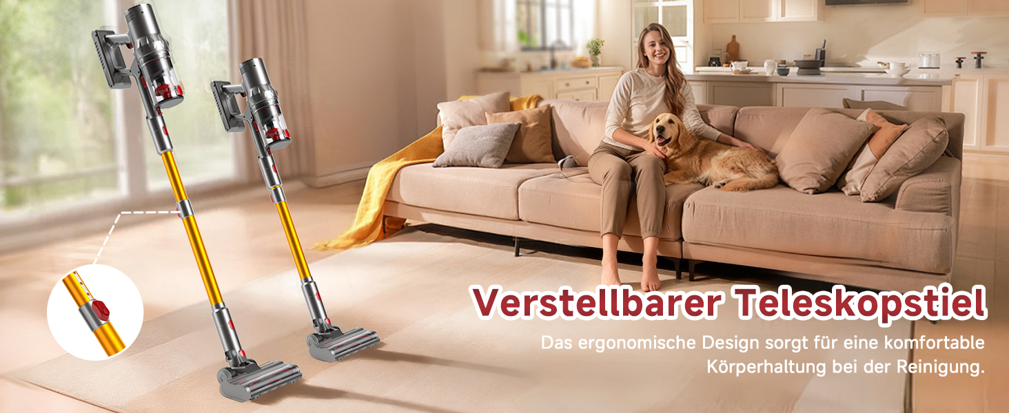 Акумуляторний пилосос Hearten 4-в-1 з LED дисплеєм та антизаплутувальною щіткою, керування одним дотиком, бездротовий пилосос з LED-підсвічуванням для шерсті тварин/килимів/твердих поверхонь (жовтий)