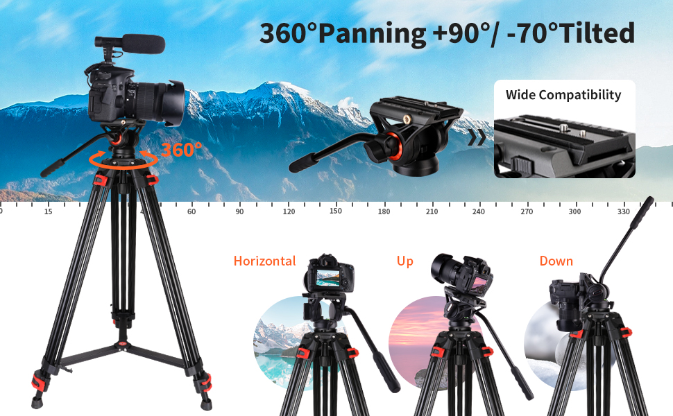 Штатив для камери COMAN 186 см з алюмінію - тринога з поворотним кріпленням 360° та нахилом ±90°, відеоштатив, сумісний з DJI Rs, Manfrotto, максимальне навантаження 10 кг (Q5)