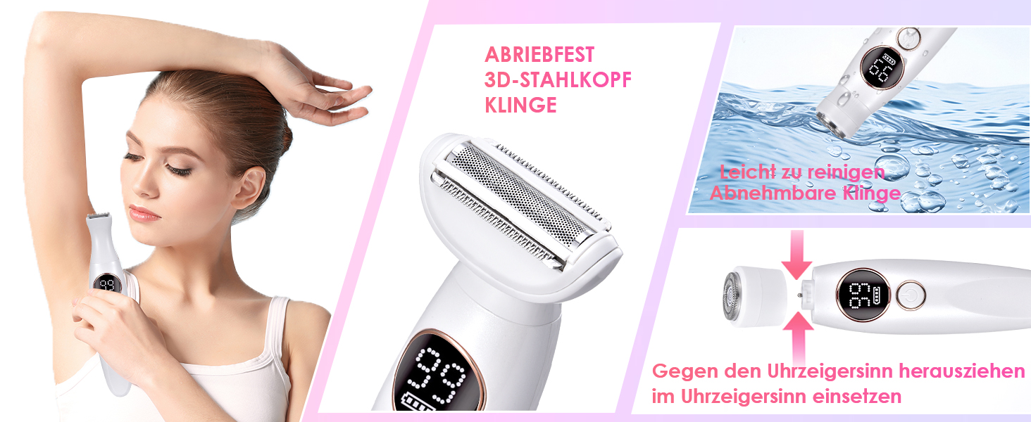 Електричний жіночий епілятор 5-в-1 з 3 насадками для бікіні, обличчя та тіла, водонепроникний (IPX7)