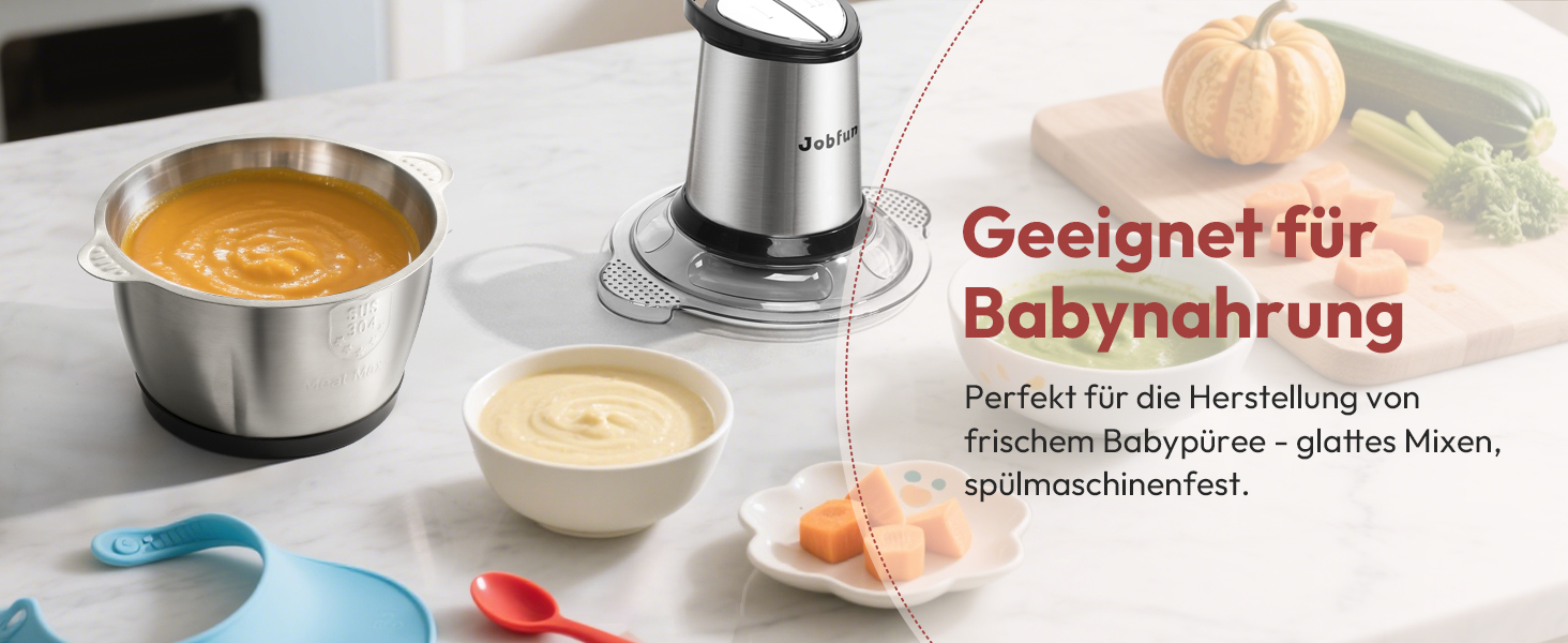 Електричний подрібнювач Jobfun 2L з нержавіючої сталі, 2 швидкості, мультиподрібнювач, м'ясорубка, подрібнювач для м'яса, цибулі, овочів (сірий)