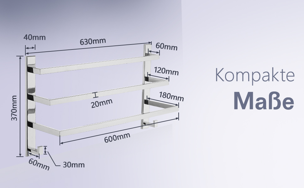 Тримач для рушників без свердління для ванної кімнати | Без бактерій | Прихований кріплення | Тримач рушників з гачками - нержавіюча сталь SUS 304, нержавіюча сталь, полірована | з дзеркальним покриттям