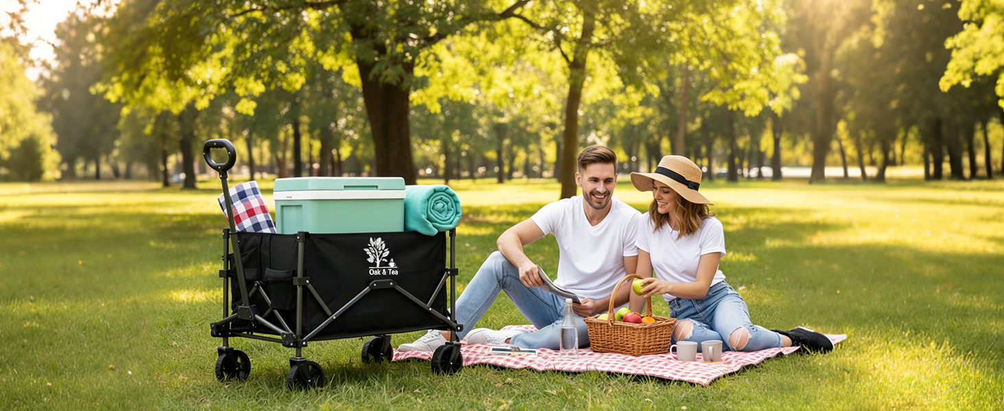 Візок складний Oak & Tea Bollerwagen 100л, вантажопідйомність 90кг – для кемпінгу, саду, покупок. З автоматичним механізмом складання, знімними колесами та тримачами для напоїв