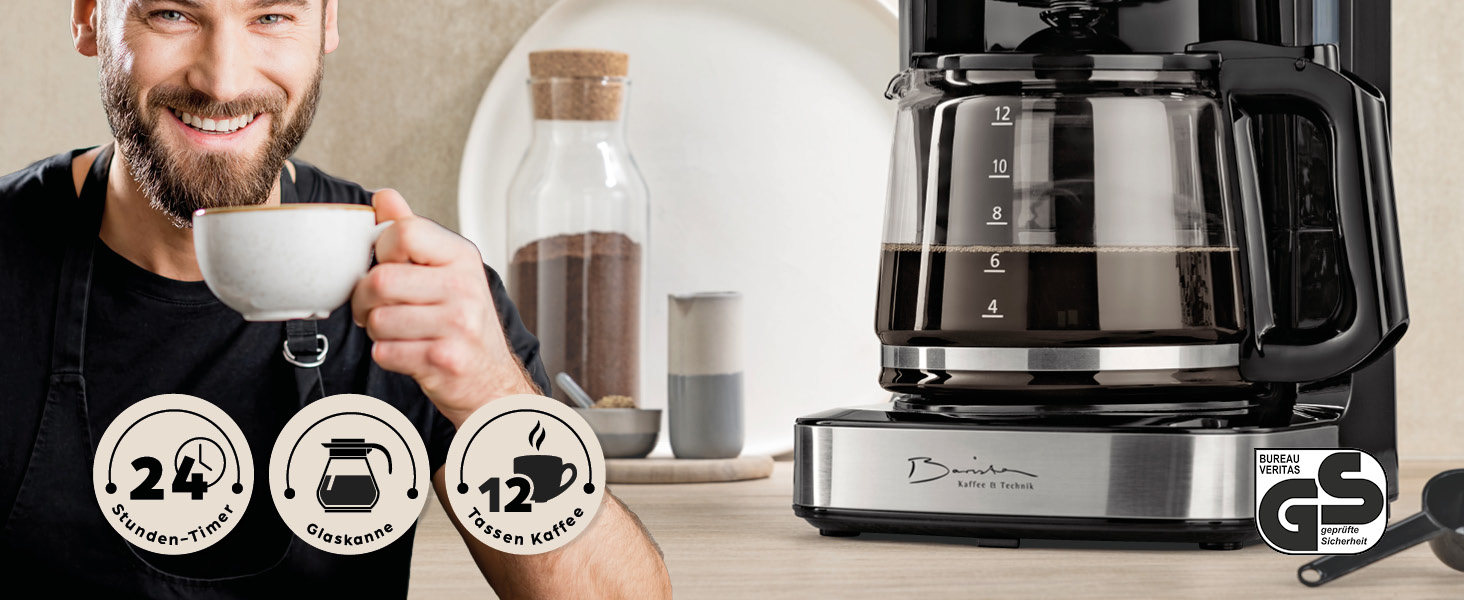 Кавомашина Barista Filterkaffeemaschine з регульованим м'яльним жорном та термокружка | Функція підігріву, таймер 24 години та постійний фільтр | Для 10 чашок кави | Кавомашина для зерен та меленої кави [Нержавіюча сталь] (10) Чорний колір - скляна колба (сенсорний дисплей)