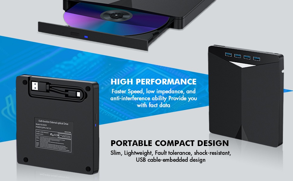 Зовнішній USB 3.0 CD/DVD-привід для ноутбука та ПК, портативний DVD-плеєр з 4 USB-портами та 2 слотами для TF/SD карт