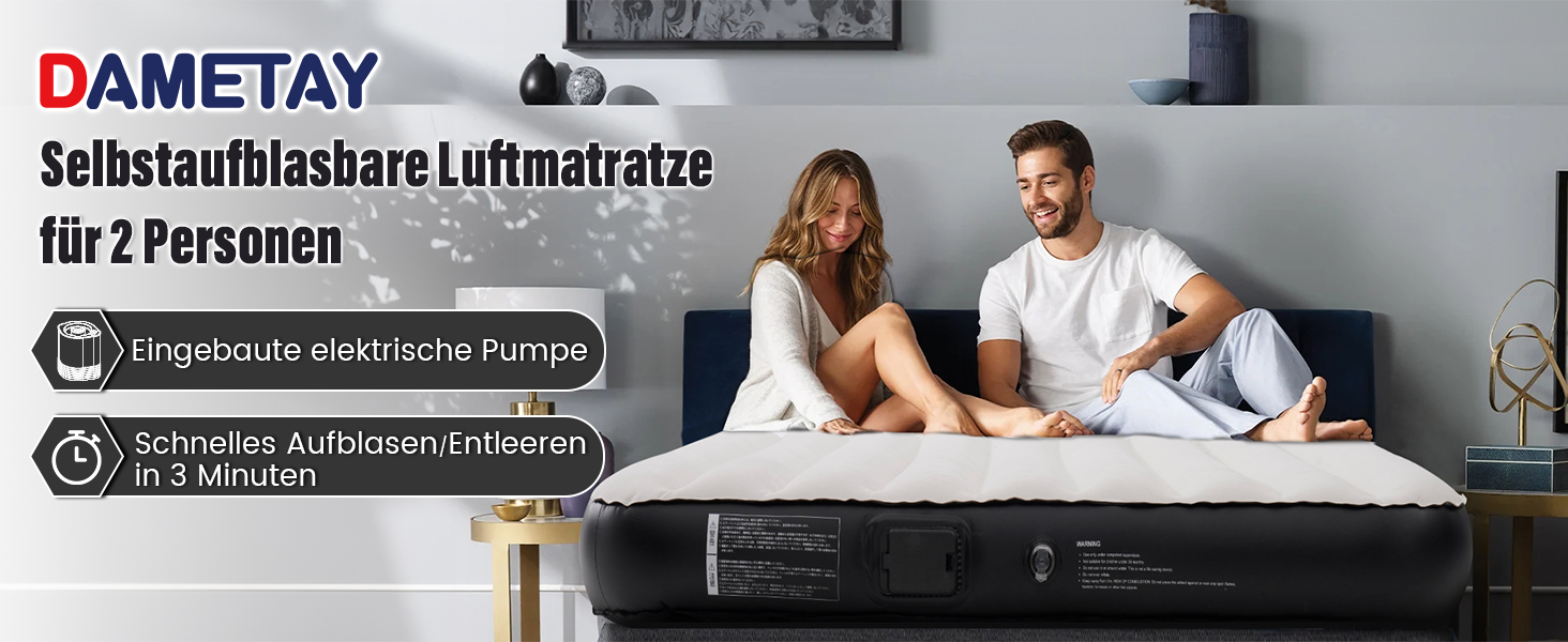 Надувне ліжко для двох осіб з автоматичним надуванням, 198x152x25 см, чорний колір. З вбудованим насосом, самонадувна повітряна матрац-ліжко