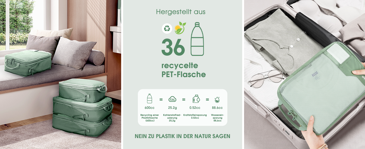 Органайзери для валізи ECOHUB (4 шт.) з мітками, набір еко-пакувальних кубиків з перероблених матеріалів, зелені