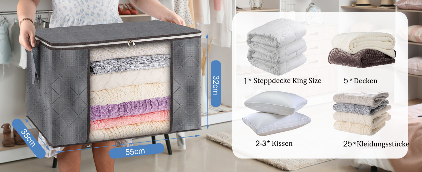 Органайзери для зберігання 3 шт. 60L, сірі, для постільної білизни, одягу, ковдр, подушок - AIOR