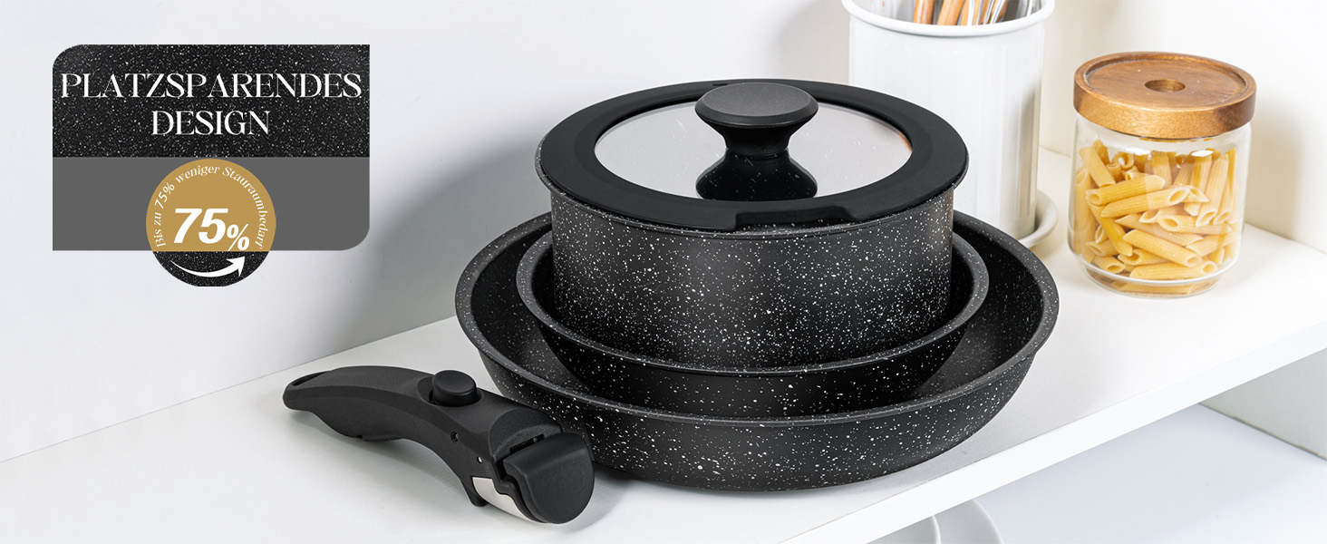 Набір сковорідок Michelangelo (20/24/28 см) з знімним ручками, індукційне дно, антипригарне покриття з мармуру, до 240°C, чорний (5-ти частинний)