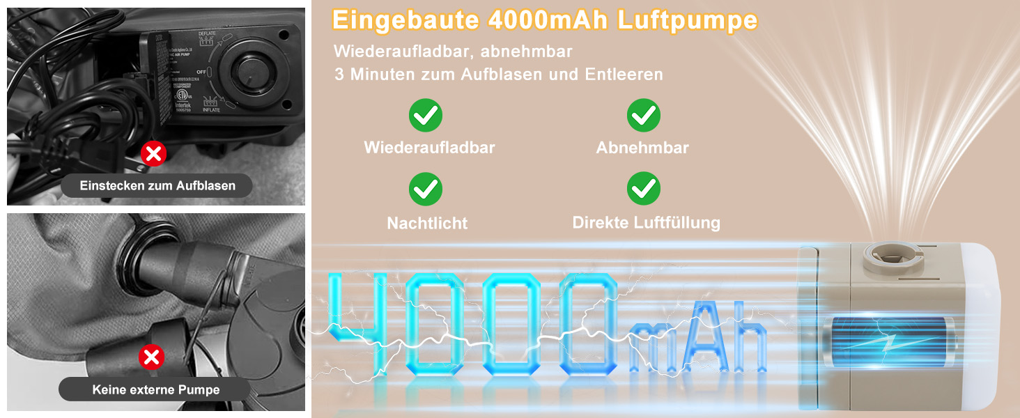 Надувний матрац самонадувний, односпальний з насосом та нічним світлом, 190 x 100 x 40 см, для дому та кемпінгу