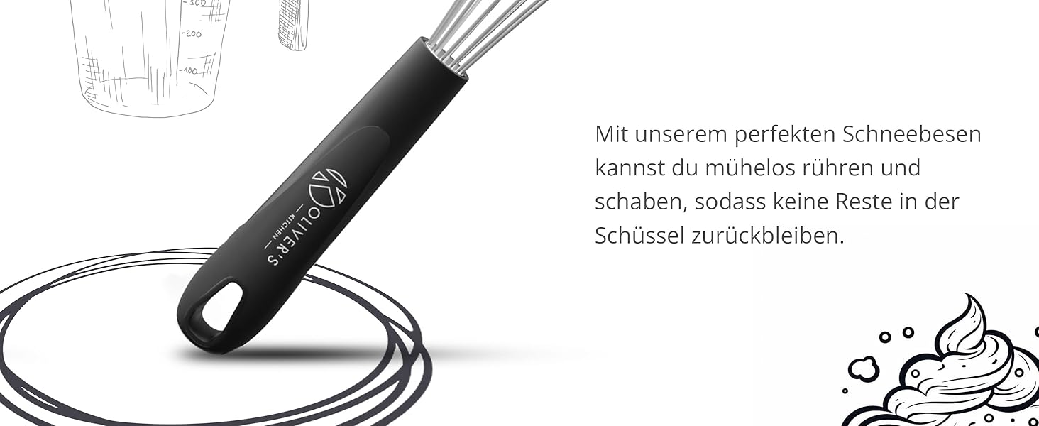 Віскер Oliver's Kitchen® з нержавіючої сталі з інтегрованим силіконовим скребком - ідеальний для випічки та приготування їжі. Спіральний віскер, зручна ручка, легко миється.