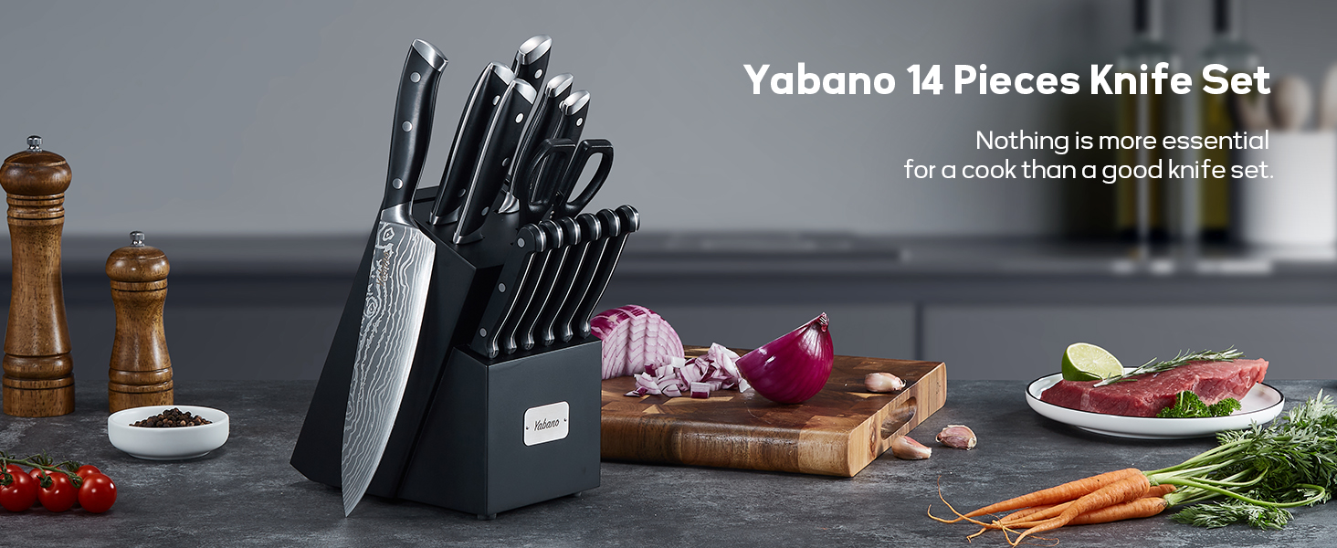 Yabano 14-Piece Professional Knife Set with Sharpening Block - Stainless Steel Chef Knives with Plastic Handles & Wood Block