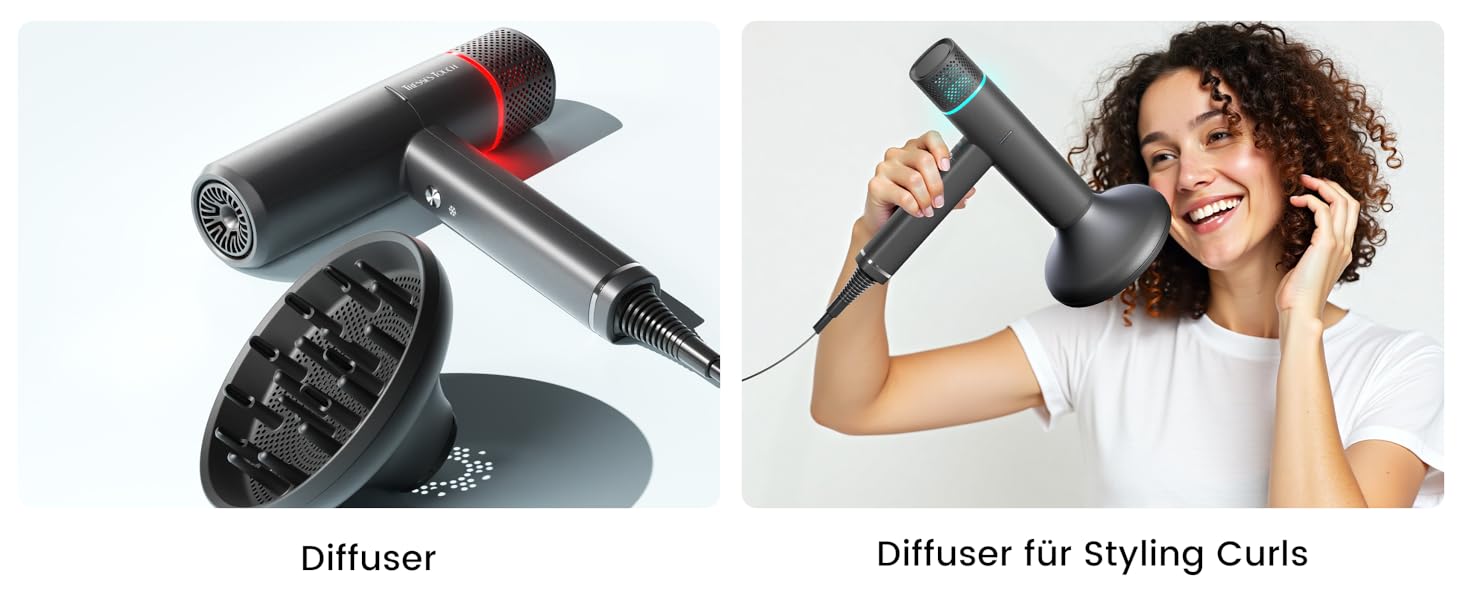 Іонізатор для волосся Föhn - високошвидкісний фен з насадкою-дифузором для жінок та чоловіків, 3 режими/2 швидкості, легкий, рівномірне тепло, тихий, чорний (сірий)