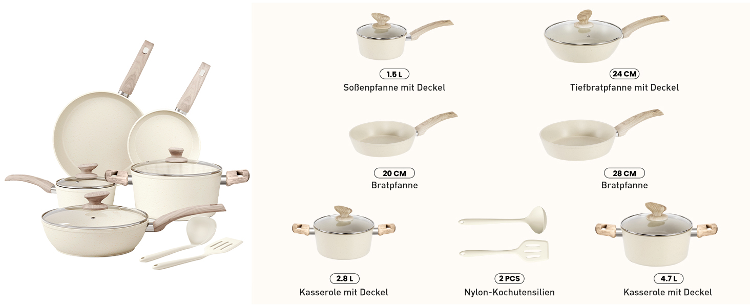 Набір посуду для індукції DishDelight, 12 предметів, гранітне антипригарне покриття, бежевий колір. Каструлі та сковороди з кришками.