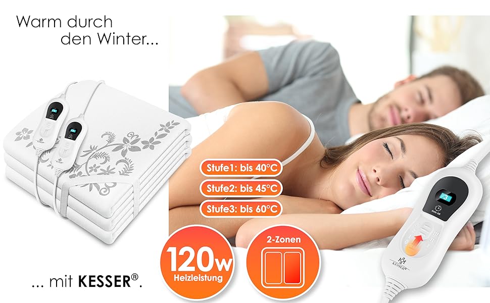 Електрична ковдра KESSER® з автовимкненням та пультом керування | Ковдра з 3 рівнями нагріву | Підігрівач для ліжка, матрацу | Тепла ковдра з м'якого флісу, білий колір - без візерунка (160 x 140 см)