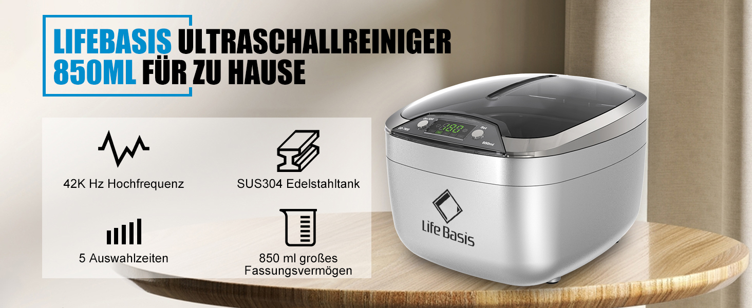 Ультразвукова ванна LifeBasis 850 мл для очищення окулярів, ювелірних виробів, зубних брекетів з LED підсвіткою