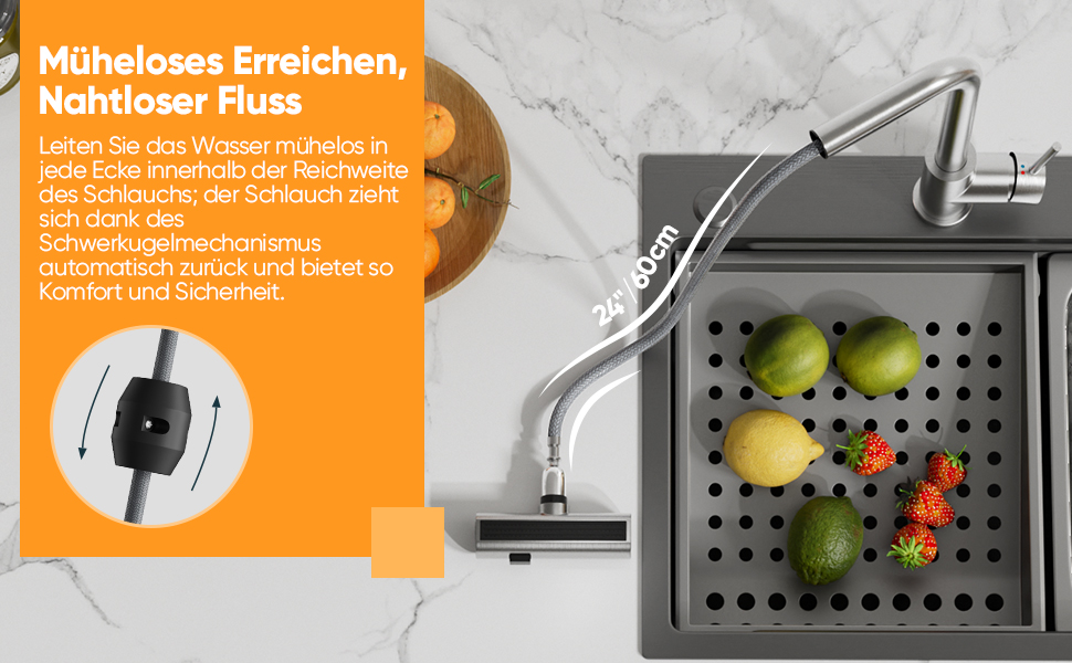 Кухонний змішувач BESy з 3 режимами струменя, висувна лійка, водоспад, поворотний на 360°, з нержавіючої сталі SUS304, для кухні