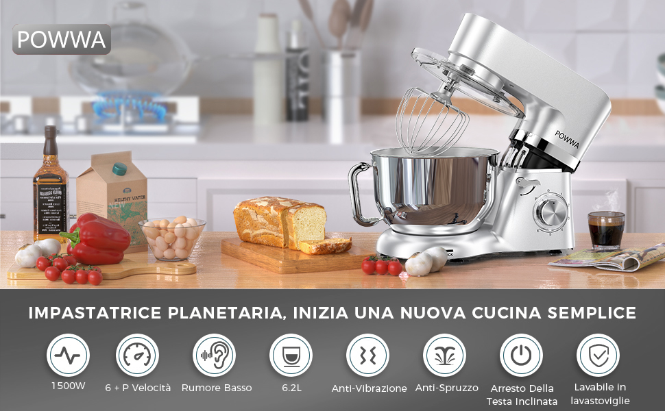 Міксер кухонний POWWA 6.2L: планетарний міксер, 6+1 швидкості, 1500W, з набором насадок (міксер, гак для тіста, вінчик) та захистом від бризок, срібний