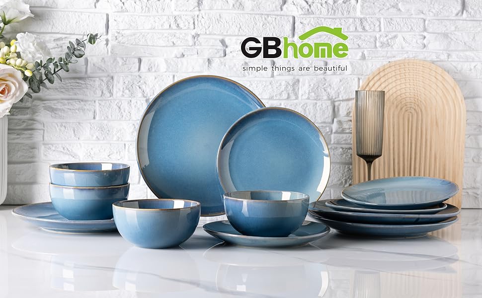 Набір керамічного посуду GBHOME Alaska Blau на 6 осіб (24 предмети) - тарілки та миски з каменного фарфору, реактивна глазур, мікрохвильова піч та посудомийна машина